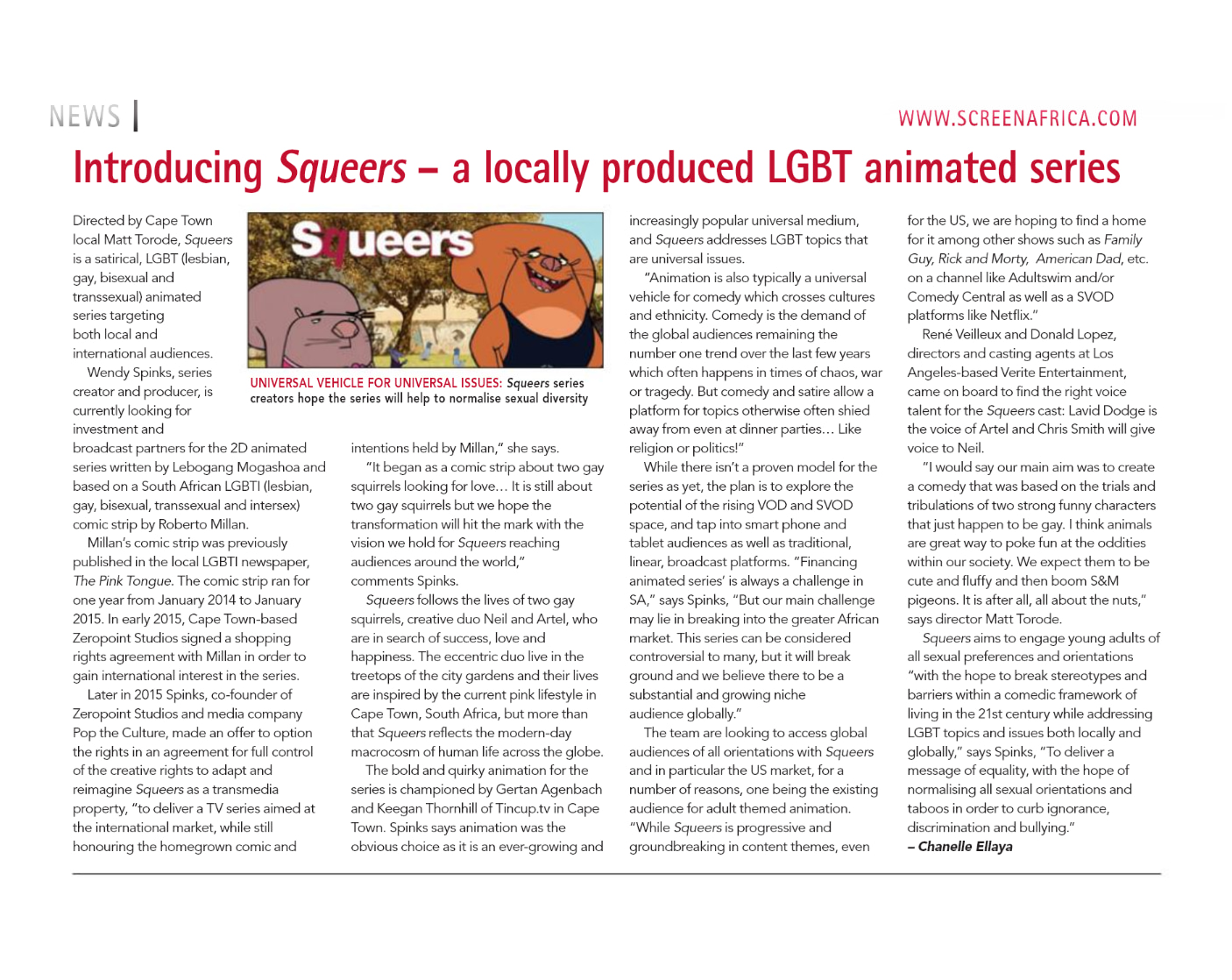 Screen Africa article by Chanelle Ellaya about Squeers animated series based on the comic strip by Roberto Millan.